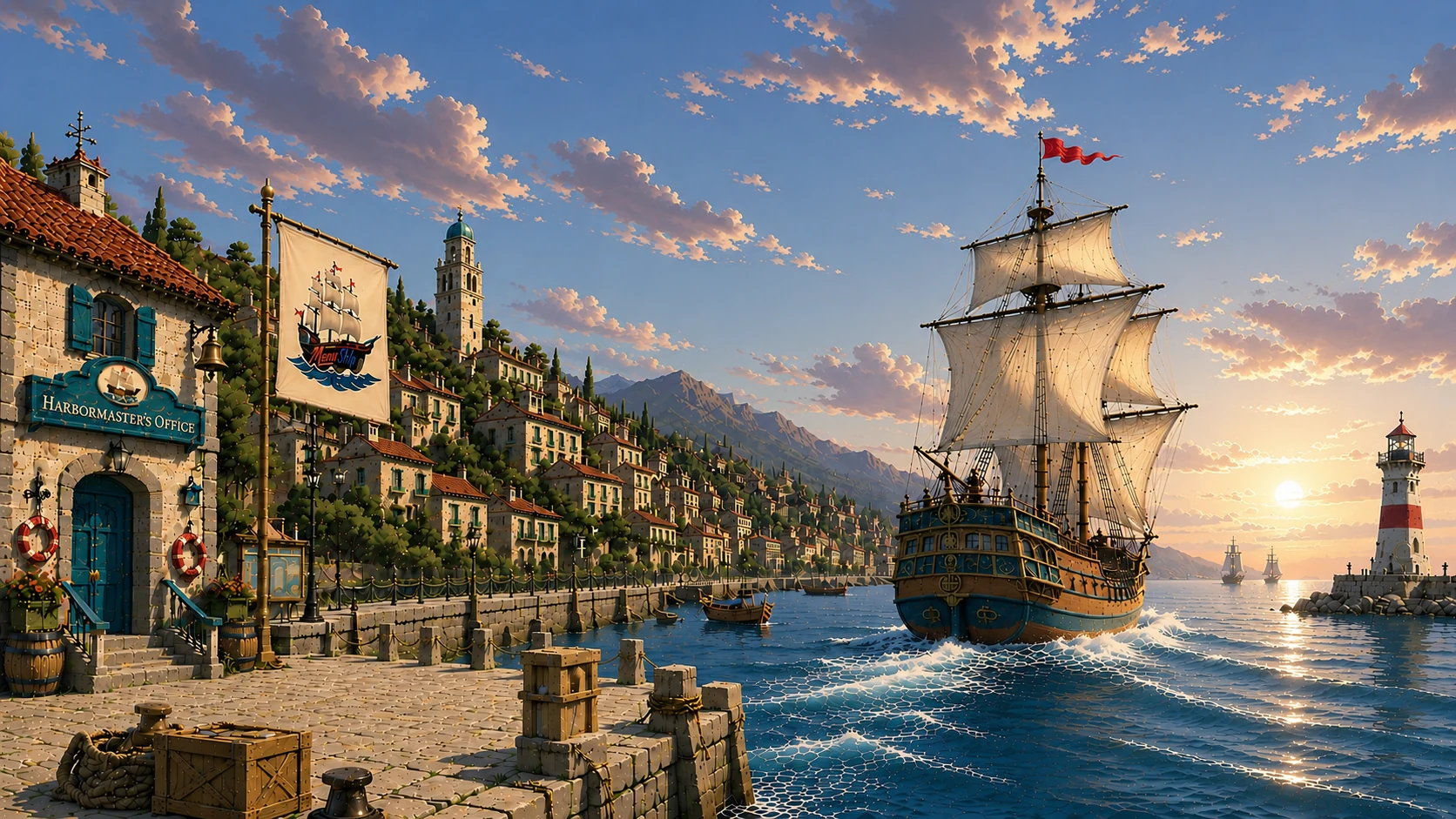 A ship leaving the harbor at sunset