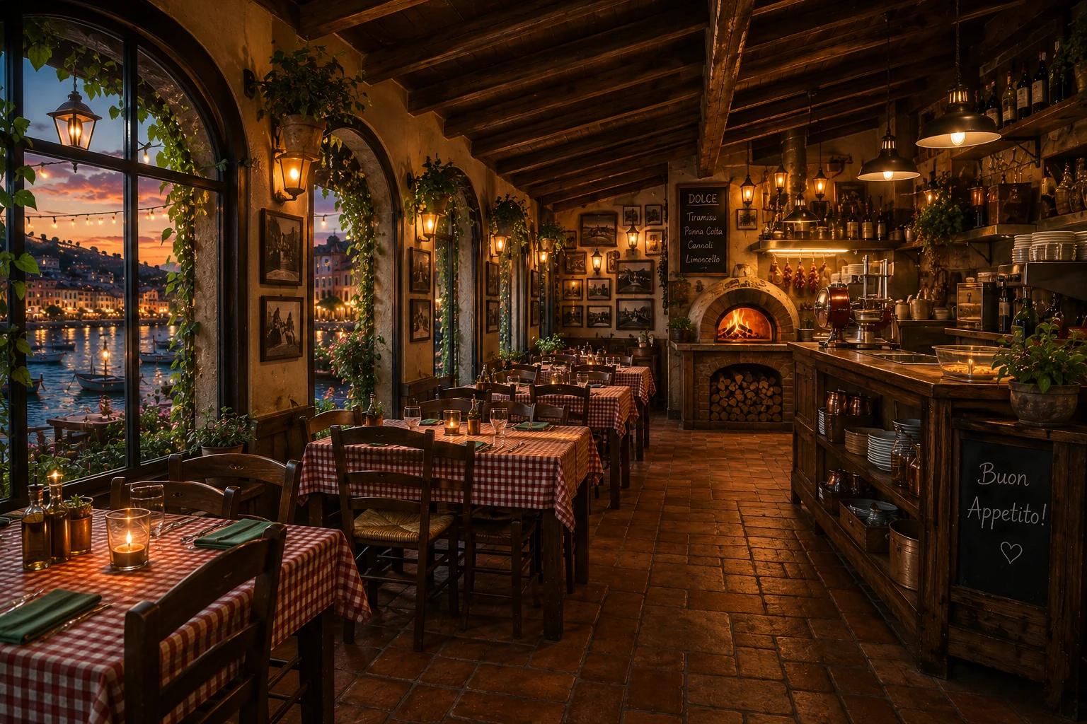 A warm candlelit trattoria with a harbor view